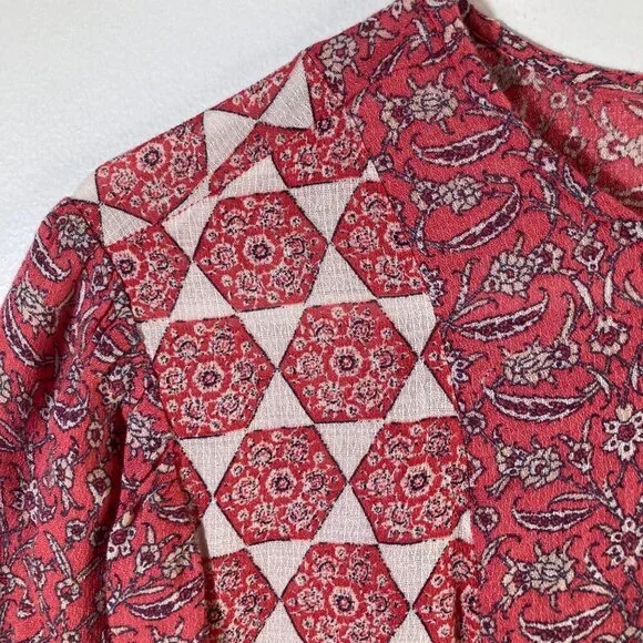 Womens Lucky Brand Short Sleeve Blouse Peep Hole Front XL Orange Cream XL Viscos - Picture 6 of 8